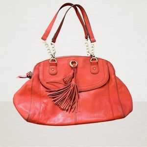 B.Makowsky Genuine Leather Pebbled Shoulder Bag Coral Red Gold Chain Tassel Bag